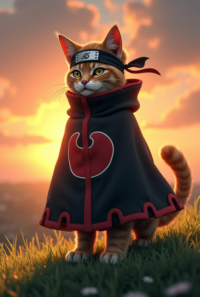 Tom cat in naruto akatsuki costume head band leaf shinobi and standing in hill to sunset