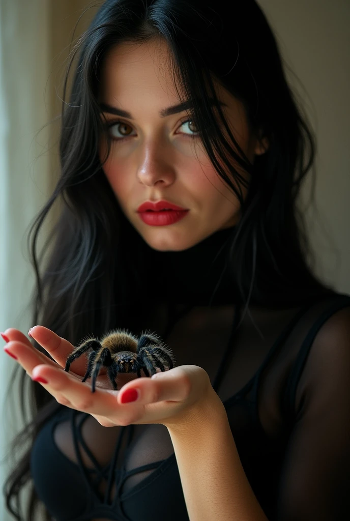 ultra realistic, photography, portrait, close-up, extreme close-up, long black straight hair, (30 years old, hazel eyes, hourglass figure, perfect fit body, slightly tanned skin, natural big breasts), red lipstick, she is wearing a tight black sheer turtleneck top, she has a tarantula crawling over her hand, there are spiderwebs and the walls in the background