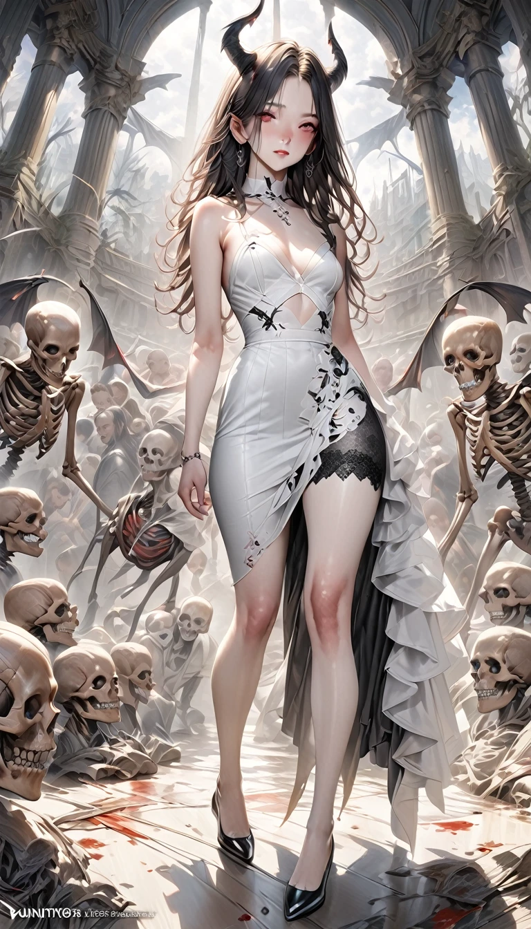 最high quality, masterpiece, Ultra-high resolution, (Realistic: 1.4), ((masterpiece: 1.4, 最high quality))+,(Super detailed)+, Official Art, unity 8k wallpaper, Super detaileded, beautiful, high quality, beautiful, masterpiece, 最high quality, whole body, Character portrait, White Background, Red Straight Hair, Dark Eyes, Black Little Snake, White Theme, Red Jewelry, stud, Black lace flats, Asymmetrical Skirt, Bloodstains on skirt, devil, skeleton, Lots of lace, Glowing Skin, , rtrophto1,
