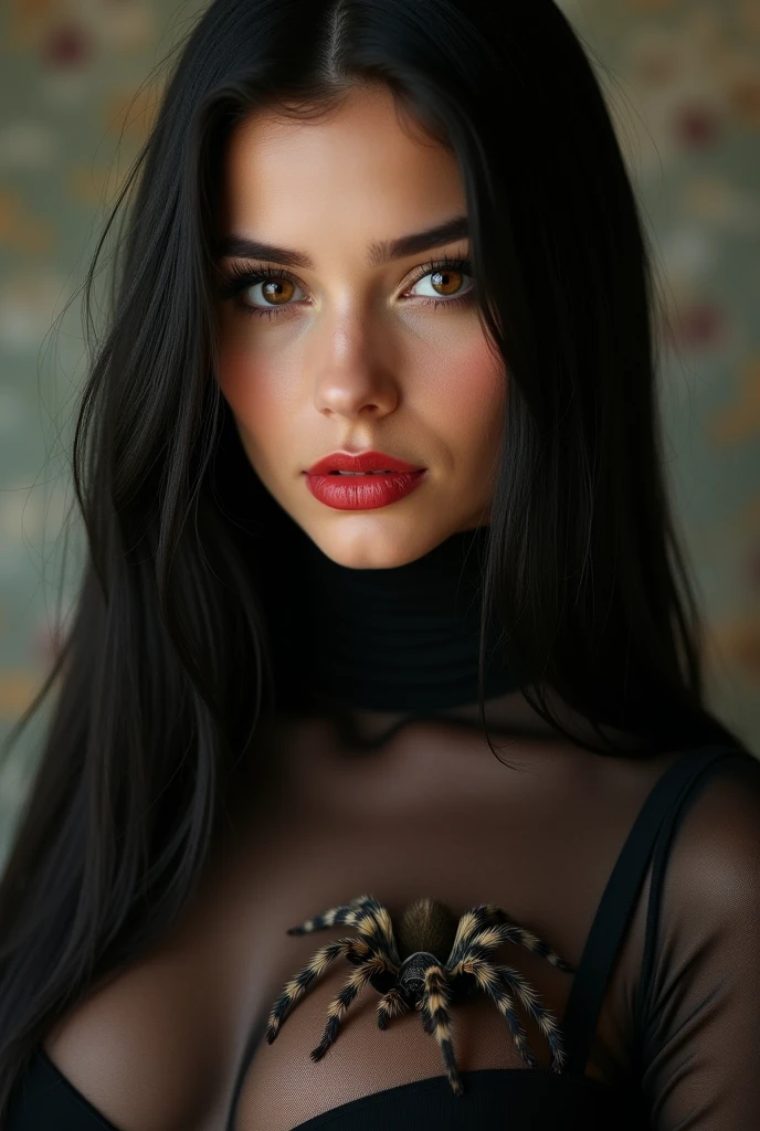 ultra realistic, photography, portrait, close-up, extreme close-up, long black straight hair, (30 years old, hazel eyes, hourglass figure, perfect fit body, slightly tanned skin, natural big breasts), red lipstick, she is wearing a tight black sheer turtleneck top, she has a tarantula crawling over her hand,