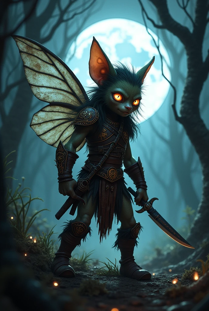 a terrifying warrior rogue fairy on a full moon night