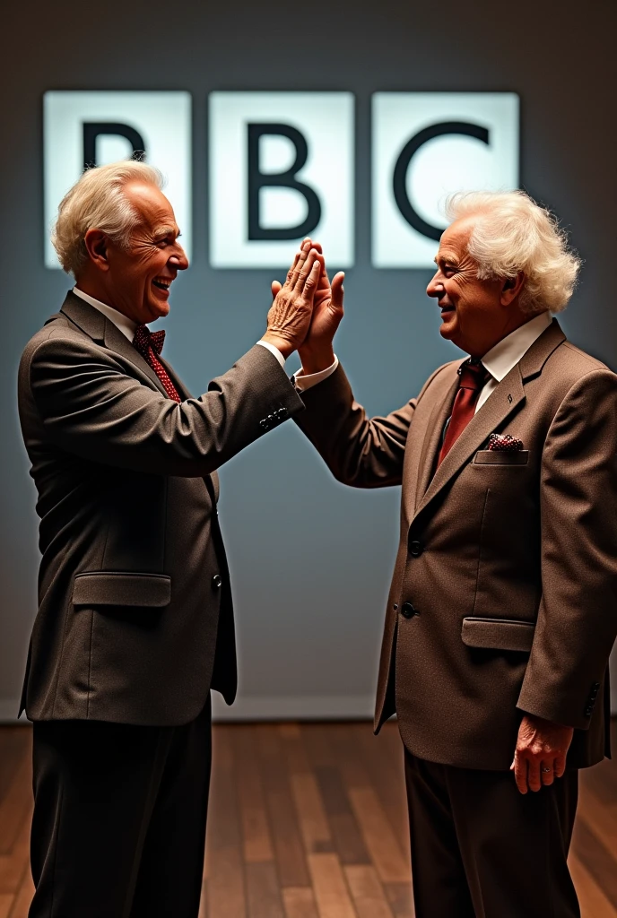 Disgraced UK TV celebrity Jimmy Savile giving a high 5 to Rolf Harris in front of a large BBC TV logo. 