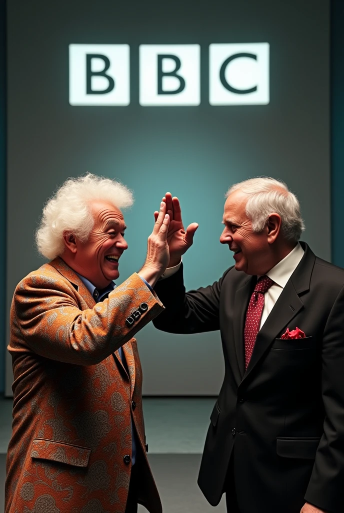 Disgraced UK TV celebrity Jimmy Savile giving a high 5 to Rolf Harris in front of a large BBC TV logo. 