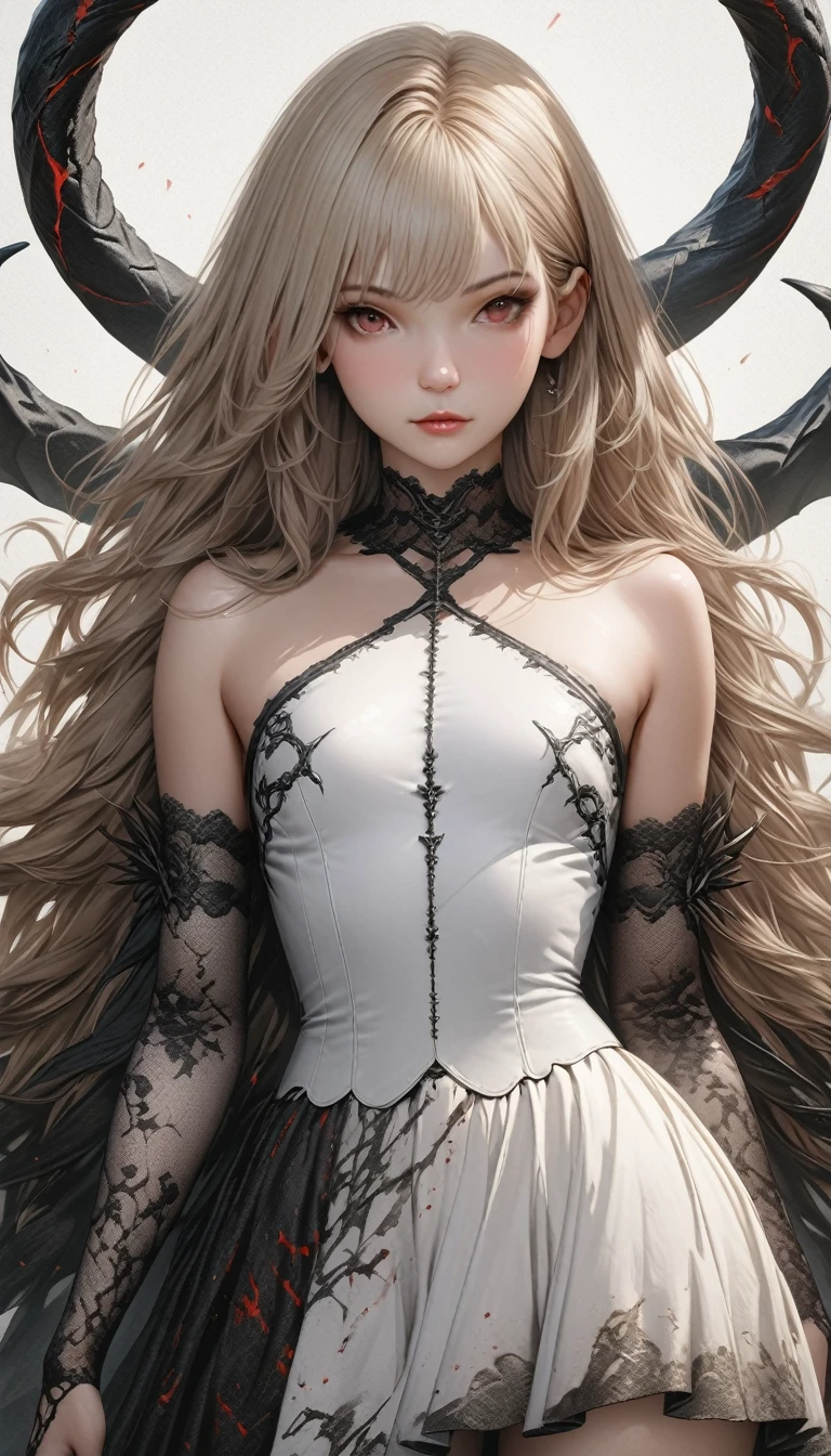 最high quality, masterpiece, Ultra-high resolution, (Realistic: 1.4), ((masterpiece: 1.4, 最high quality))+,(Super detailed)+, Official Art, unity 8k wallpaper, Super detaileded, beautiful, high quality, beautiful, masterpiece, 最high quality, whole body, Character portrait, White Background, Red Straight Hair, Dark Eyes, Black Little Snake, White Theme, Red Jewelry, stud, Black lace flats, Asymmetrical Skirt, Bloodstains on skirt, devil, skeleton, Lots of lace, Glowing Skin, , rtrophto1,