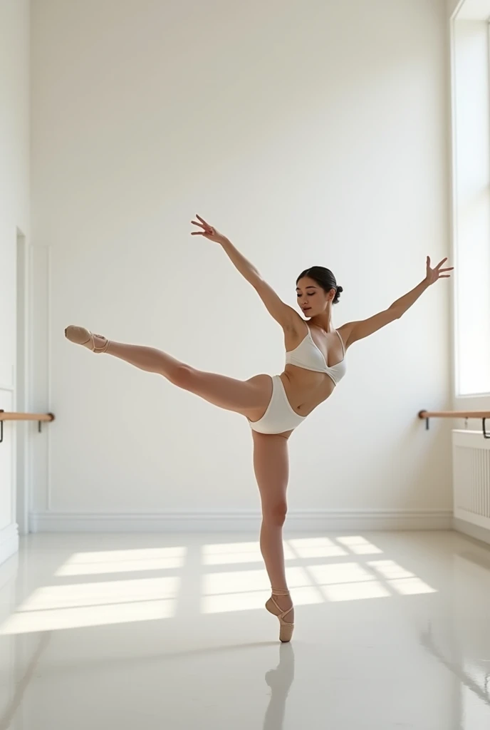 Arad woman in white tights doing ballet pose, pointe pose, beautiful and graceful, Legs and arms, Legs and buttocks, legs stretched!!! leg and thigh shot, pointe pose, ballet style pose, ballet pose, Tense posture, tranquil and graceful, girl graceful, wearing a tights, point posture