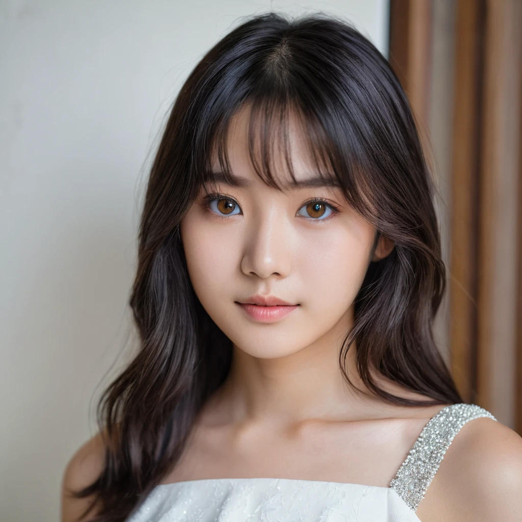 Yui, photo of female, age 15 year, black shoulder length hair with brown highlights; (dslr, ultra quality, film grain, Fujifilm XT3, crystal clear, 8K UHD, highly detailed glossy eyes, high detailed skin, skin pores), wear white dress