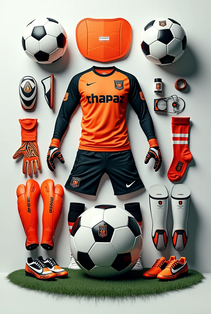 Make a poster that focus on the picture of soccer balls and volleyball balls with keeper gloves, soccer pad, shoes and shockes also add the name Thapaz jersey and printing