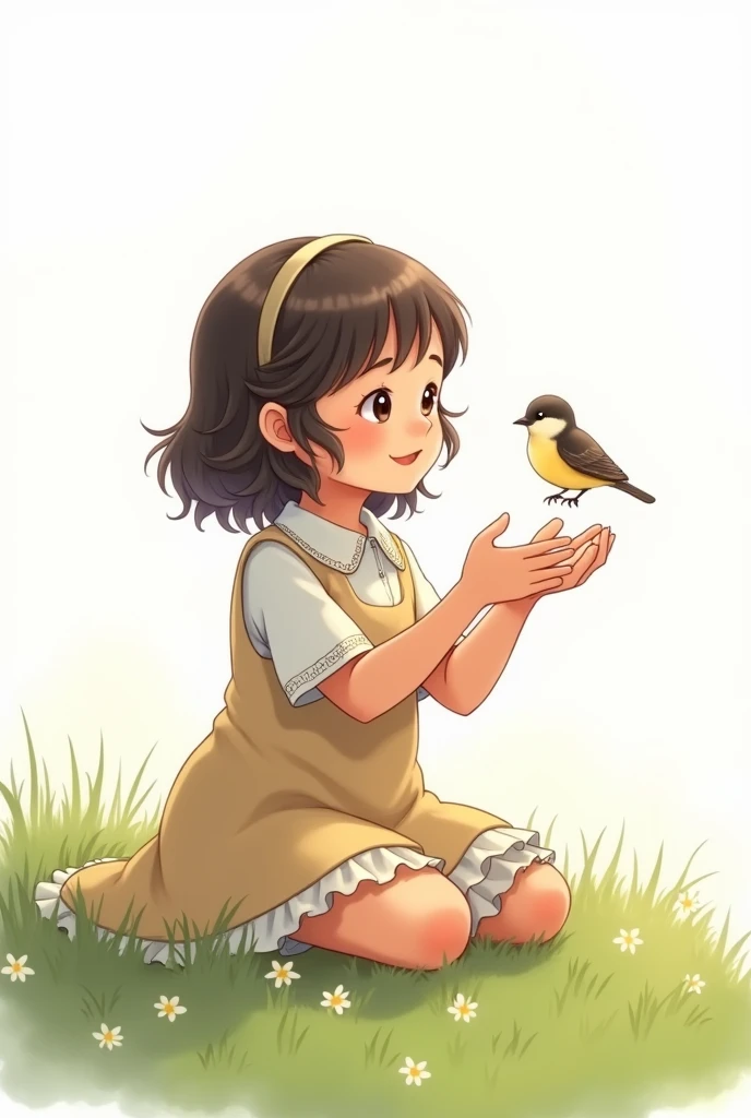 white background,cute  siting on grass,she look at the little bird,rais her hands to the little bird,little bird flying,best quality,smart frock wearing the girl