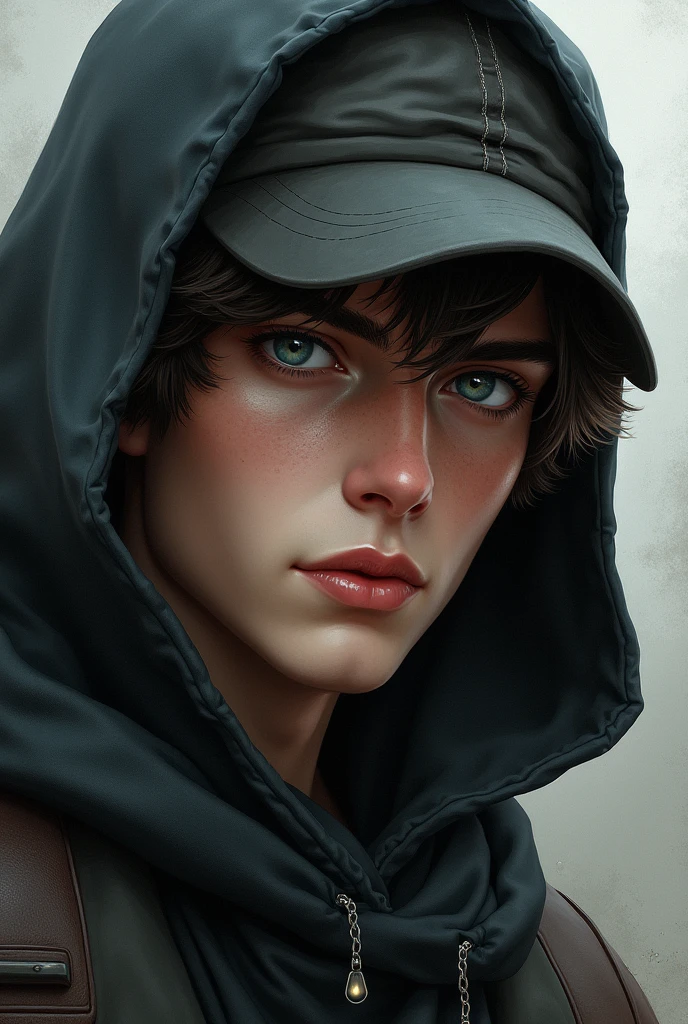 Young man with hat and hood, light eyes as realistic as possible