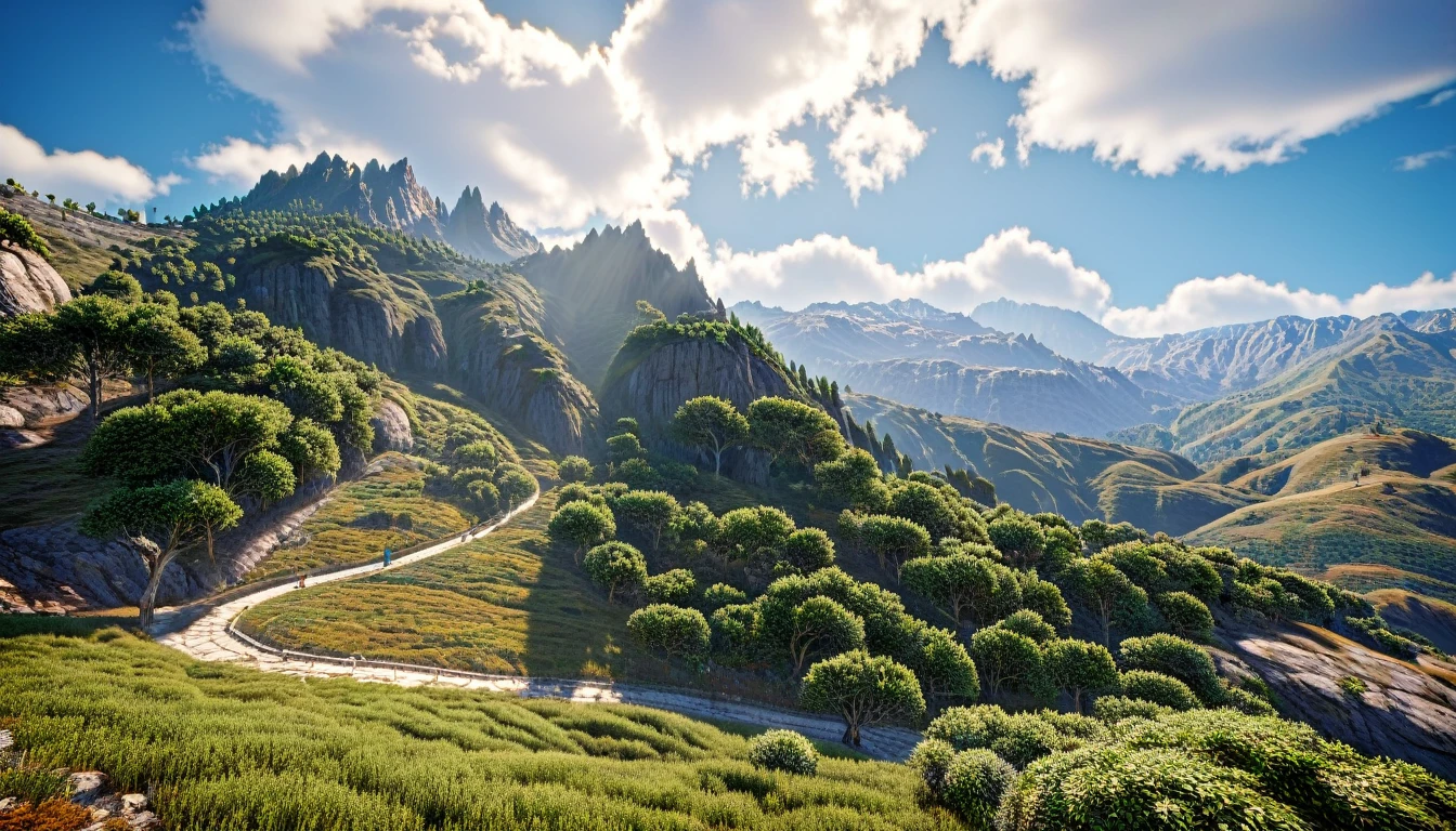 Front view，Cross section of mountain，There are many laurel trees on the hills above the ground，There are many veins of gold and jade under the ground.（best quality，4K，8k，High level，masterpiece：1.2），Ultra Detailed，（lifelike，Photo real，Photo real：1.37），Complex patterns，Realistic lighting，虚幻引擎4K壁纸，Summer Unreal Engine 5, Beautiful landscape rendering, Mountains and Oceans, Rendered in 8k Unreal Engine,，The most beautiful scenery，Epic shock