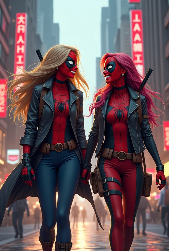 Female Spider-Man with her mask on and has her hair out and Female Deadpool with her mask on and has her hair, together in the city, walking together, smiling, laughing, realistic