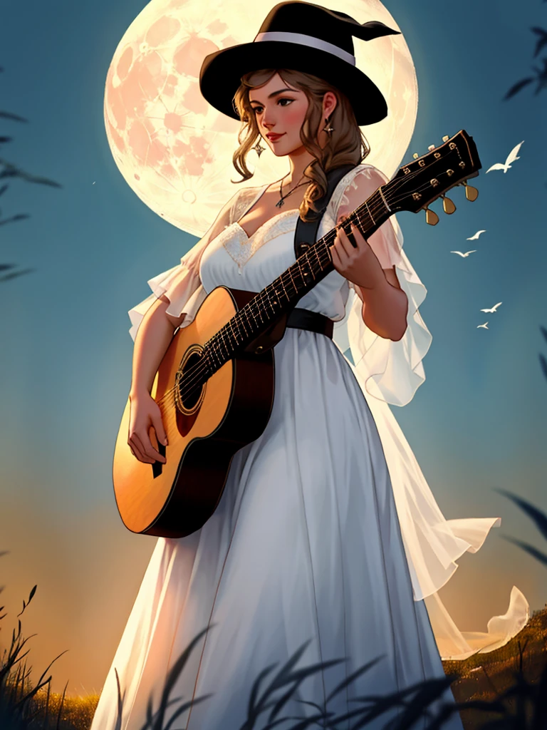 A country woman with a guitar and a big beautiful moon and thousands of people