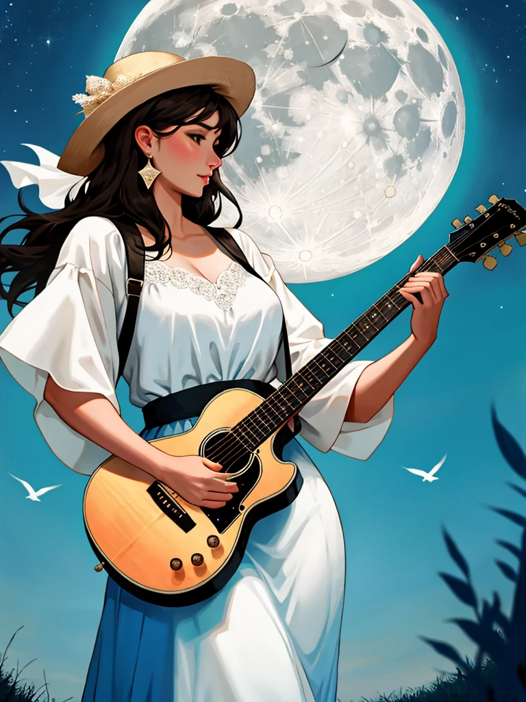 A country woman with a guitar and a big beautiful moon and thousands of people