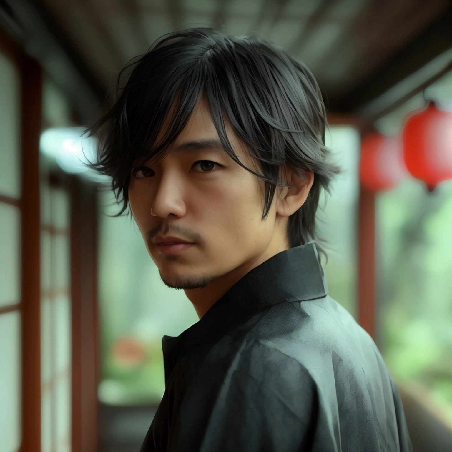 Behind Japan men、Black and long hair、40 years old、Backlight