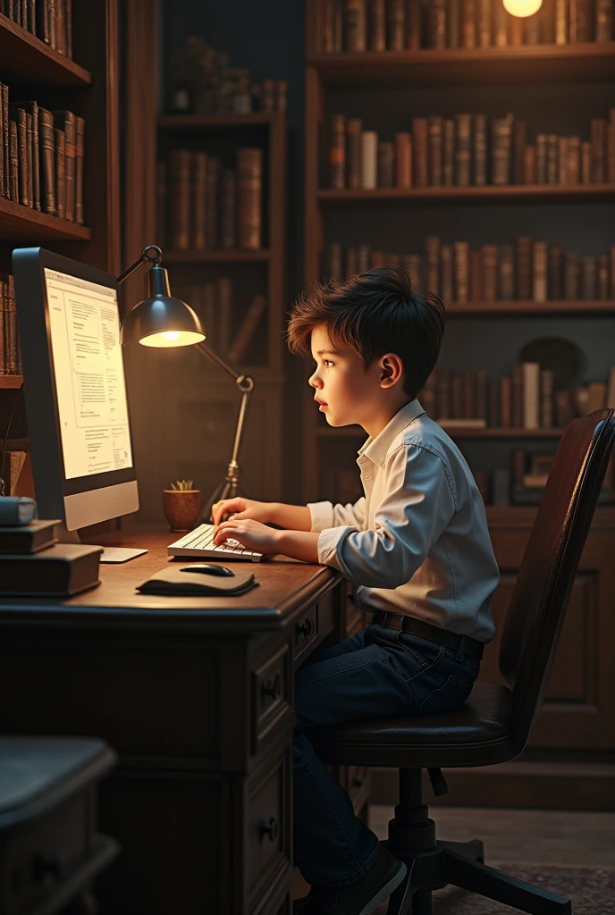 create an image of a boy in his room studying, and creating digital marketing campaigns on your computer, the image must convey antiquity, and in the room the old books"