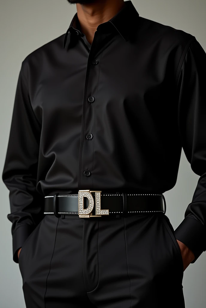Men's black formal wide belt in genuine leather with modern square buckle,Plata, rhinestones on the edges, written in the center the initials DL in precious stones The model is of black ethnicity and wears a black shirt