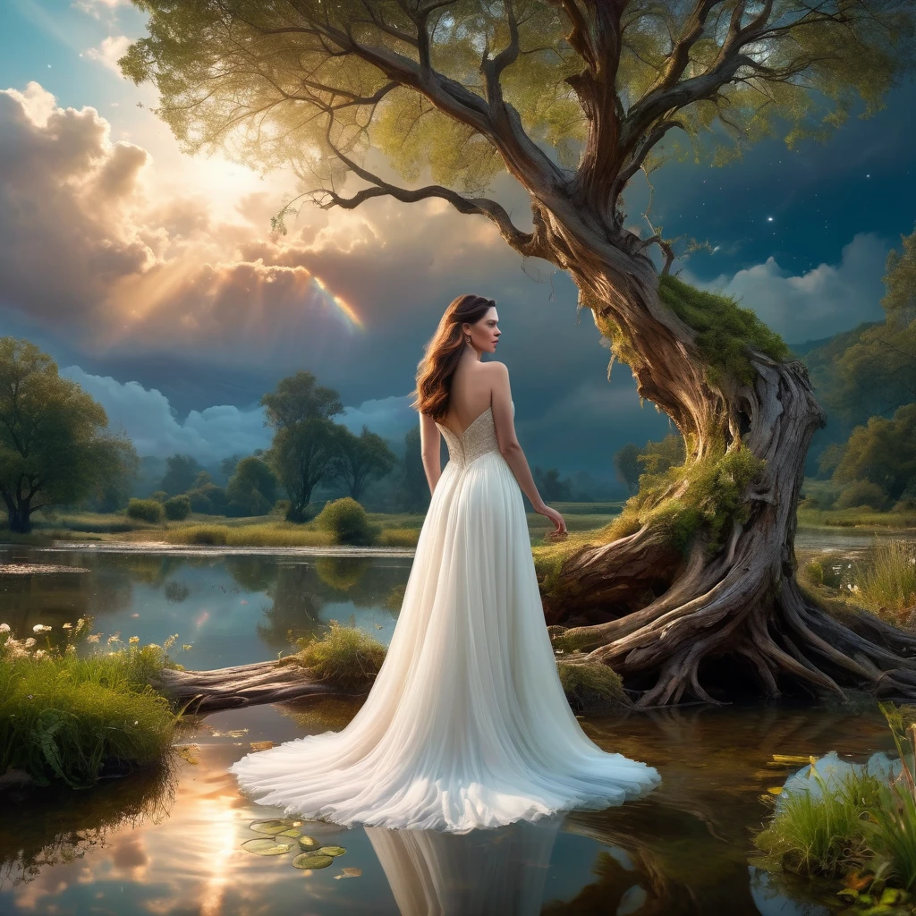 1 girl, (Liv Tyler in a celestial white dress),enchanting, pond setup, girl on one knee serene, distant from viewer, dynamic cloud landscape, gnarled and twisted tree trunk, soft natural lighting, digital art, vibrant color palette, best quality,4k,8k,highres,masterpiece:1.2,ultra-detailed,realistic,photorealistic,photo-realistic:1.37