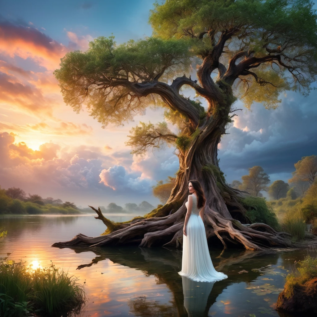 1 girl, (Liv Tyler in a celestial white dress),enchanting, pond setup, girl on one knee serene, distant from viewer, dynamic cloud landscape, gnarled and twisted tree trunk, soft natural lighting, digital art, vibrant color palette, best quality,4k,8k,highres,masterpiece:1.2,ultra-detailed,realistic,photorealistic,photo-realistic:1.37