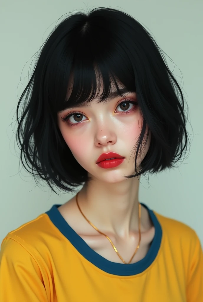 White adult woman, with dark eyes, wearing round prescription glasses, with short, shoulder-length black hair with eyebrow-length bangs, with red mouth and wearing a yellow t-shirt with a blue collar