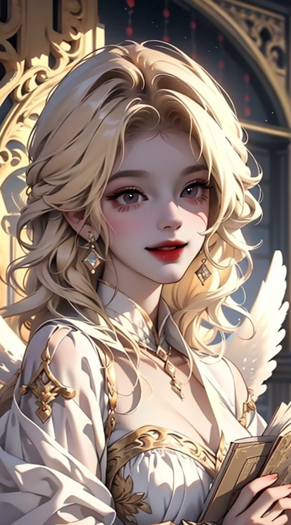1 woman, alone, mature woman, adulta, curly blonde hair, long hair, blonde wings, wearing a dress, vertido preto(with makeup), portrait, (smiling), focus on face, roupas modernas