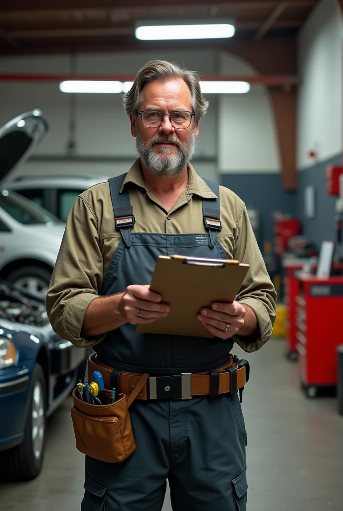 A car mechanic waiting at the front, with a tab in hand