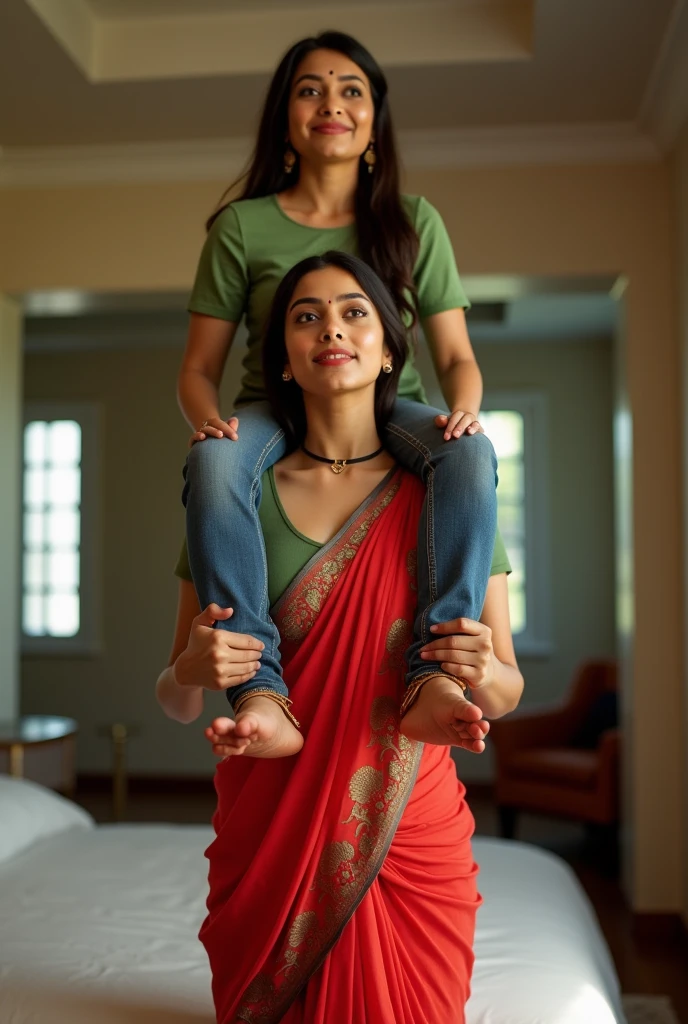 Beautiful and Slim Indian woman Aishwarya Rai in green blouse red saree lifting a large chubby man above her shoulders, man is sitting on woman's shoulders, in a bedroom with high ceiling, natural smile, woman is looking into the camera , full body image
