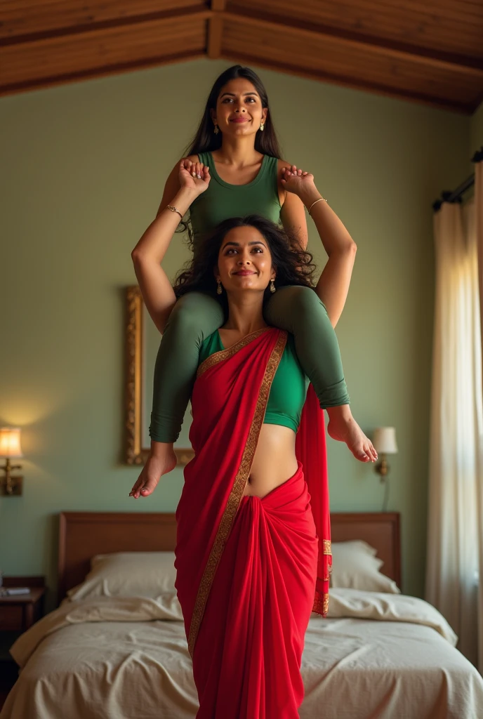 Beautiful and Slim Indian woman Aishwarya Rai in green blouse red saree lifting a large chubby man above her shoulders, man is sitting on woman's shoulders, in a bedroom with high ceiling, natural smile, woman is looking into the camera , full body image