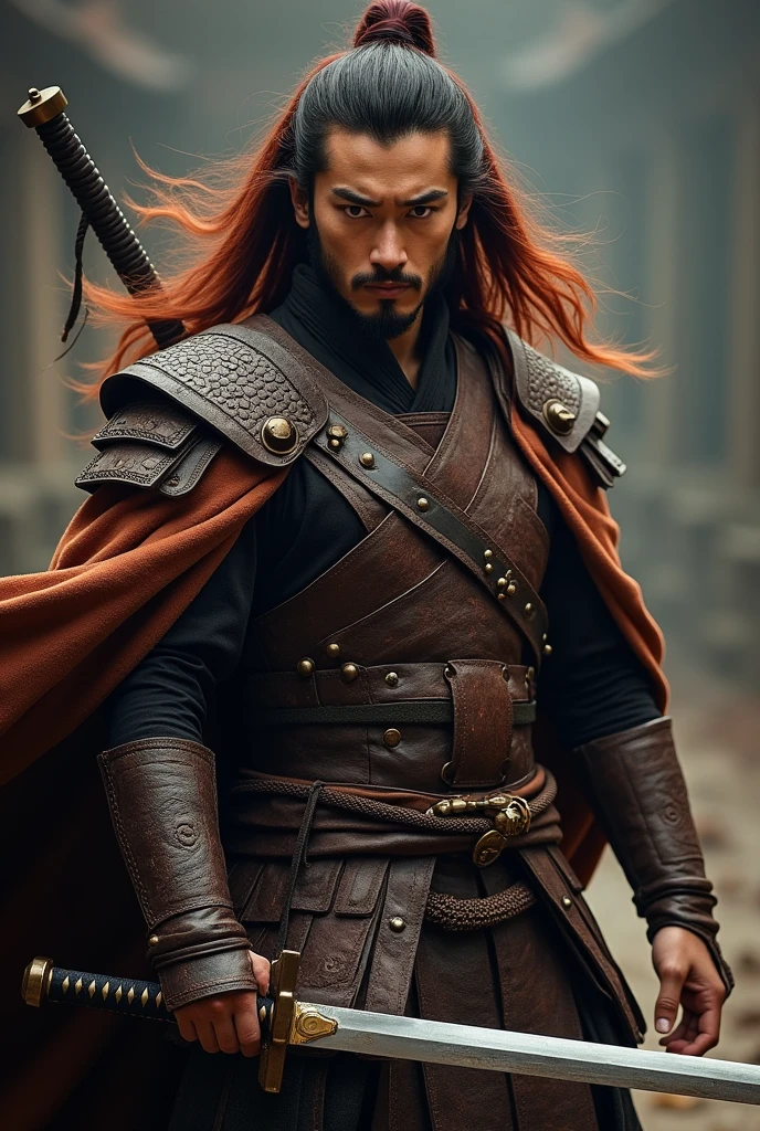 Beautiful male asian warrior toshiro mifune young long dark red hair leather armour long sword