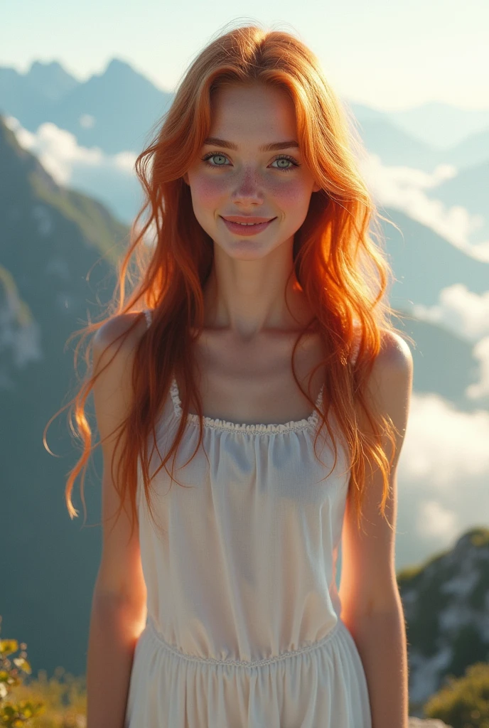 A photorealistic image of a slender and graceful woman, around 2, with fair skin and a rosy blush. Her long, flowing red hair cascades over her shoulders, framing her face. She has captivating blue eyes and a perfect smile. She wears a simple white top and angelic attire. She stands atop a majestic mountain peak, rising above a sea of clouds on a bright, sunny day. The image is a three-quarter shot, capturing her from the front, with the sunlight illuminating her from the left, showcasing her full figure and the breathtaking scenery behind her. --s 750 --v 6.1 --style raw