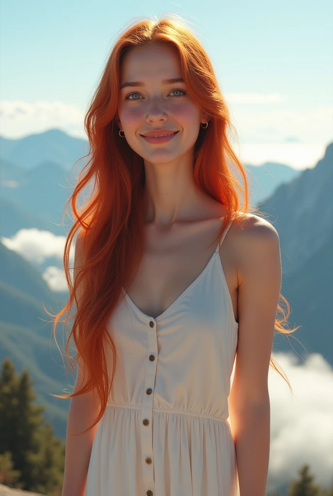 A photorealistic image of a slender and graceful woman, around 2, with fair skin and a rosy blush. Her long, flowing red hair cascades over her shoulders, framing her face. She has captivating blue eyes and a perfect smile. She wears a simple white top and angelic attire. She stands atop a majestic mountain peak, rising above a sea of clouds on a bright, sunny day. The image is a three-quarter shot, capturing her from the front, with the sunlight illuminating her from the left, showcasing her full figure and the breathtaking scenery behind her. --s 750 --v 6.1 --style raw