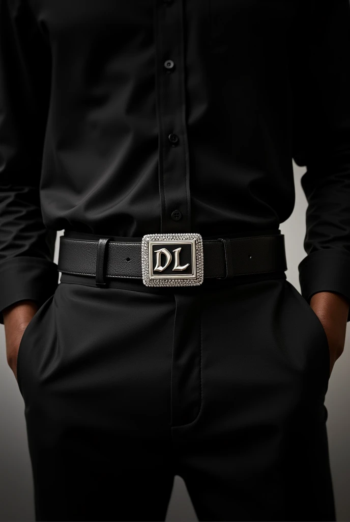 Men's black formal wide belt in genuine leather with modern square buckle,Plata, rhinestones on the edges, written in the center the initials DL in italic font precious stones The model is of black ethnicity and wears a black shirt