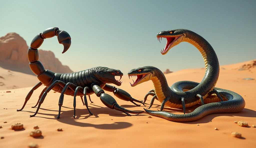 A scorpion and a snake coiled in the desert.