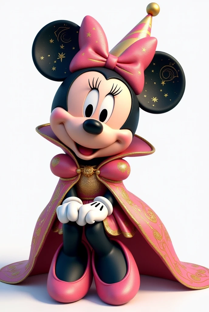 Create an image of baby Minnie Mouse wearing an elaborate fantasy-themed costume. Her ears should have a night sky design with gold stars and spiral patterns on a dark pink background.... minnie'Your face should have its classic happy expression with bright eyes, round nose and a wide smile. Your clothes should resemble your real appearance., Predominantly pink with intricate gold embellishments. The costume should feature rich and heavenly patterns., with a high collar and a luxurious cape that falls behind. The overall aesthetic should be magical and majestic..., making Minnie look like a character from a fantasy kingdom. The minifigure must be sitting, with a conical birthday hat on his head, The hat must have white colors, gold and pink and be in 3d. I want you to make this image on a white background