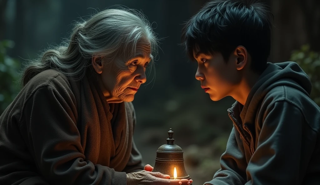 The old woman informs Ramu about the danger of the bell. His face shows seriousness and Ramu's face shows disbelief.