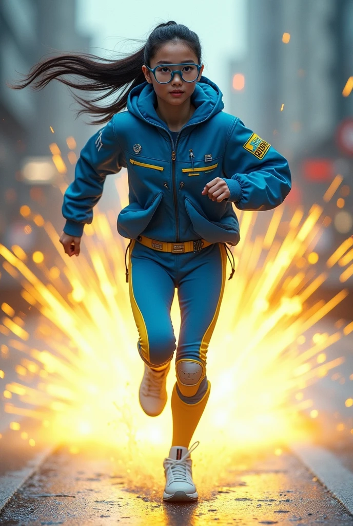 Chinese japan women average age wear jumpsuit high tech(( blue yellow)) ((age 15year old)). high tech belt. ))((Running effect photography. flat chest.))((zoom  effect photography)) Glowing yellow power.((wear jacket blue))short girl. Runfast effect.(( turtle neck dress)).. ((Wear blue big round glasses big frame)).running speed of light . latex suit. big tight.((flat chest breast)) running athlete.pontytail hair. Braces teeth.((running racing track )).Bokeh background. Panning effect. Yellow high tech watch. a beautiful young chinese women, , wearing a high-tech blue and yellow very tight jumpsuit.(( wear jacket bomber jacket blue yellow)), venus body type.. unning with style pose , girl want to fall. ,floating water pallet, photorealistic.(( fast train effect))detailed facial features, long hair, elegant pose, dynamic lighting. ((glowing body yellow lightning thundereffect)), 8k, award-winning digital art, intricate details, vibrant colors, cinematic composition. very fasr run, highly detailed.(( star light trail effect)). speed of light. froze time effect. at the city.run water . spash water. the girl run fast on wet road. background speed of light((.knee cover shield )) nike shoes sneaker running ..
