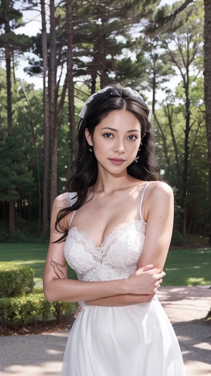 photo, photo realistic, (photorealistic:1.4), best quality, high quality, 4K, RAW, masterpiece, realistic lightning, beautiful face,
1girl, solo, (1), (), gravure idol, (medium breasts), 
black hair, (medium hair:1.2), (wavy hair:1.2),
((light) pink lips:1.3), closed mouth, (smiling:0.8),
(bride:1.2), (((white)) wedding lace dress:1.2), wedding veil, 
looking at viewer, (knee to top), (beautiful arms:1.2), (front view),
BRAKE,
(outdoors:1.4),