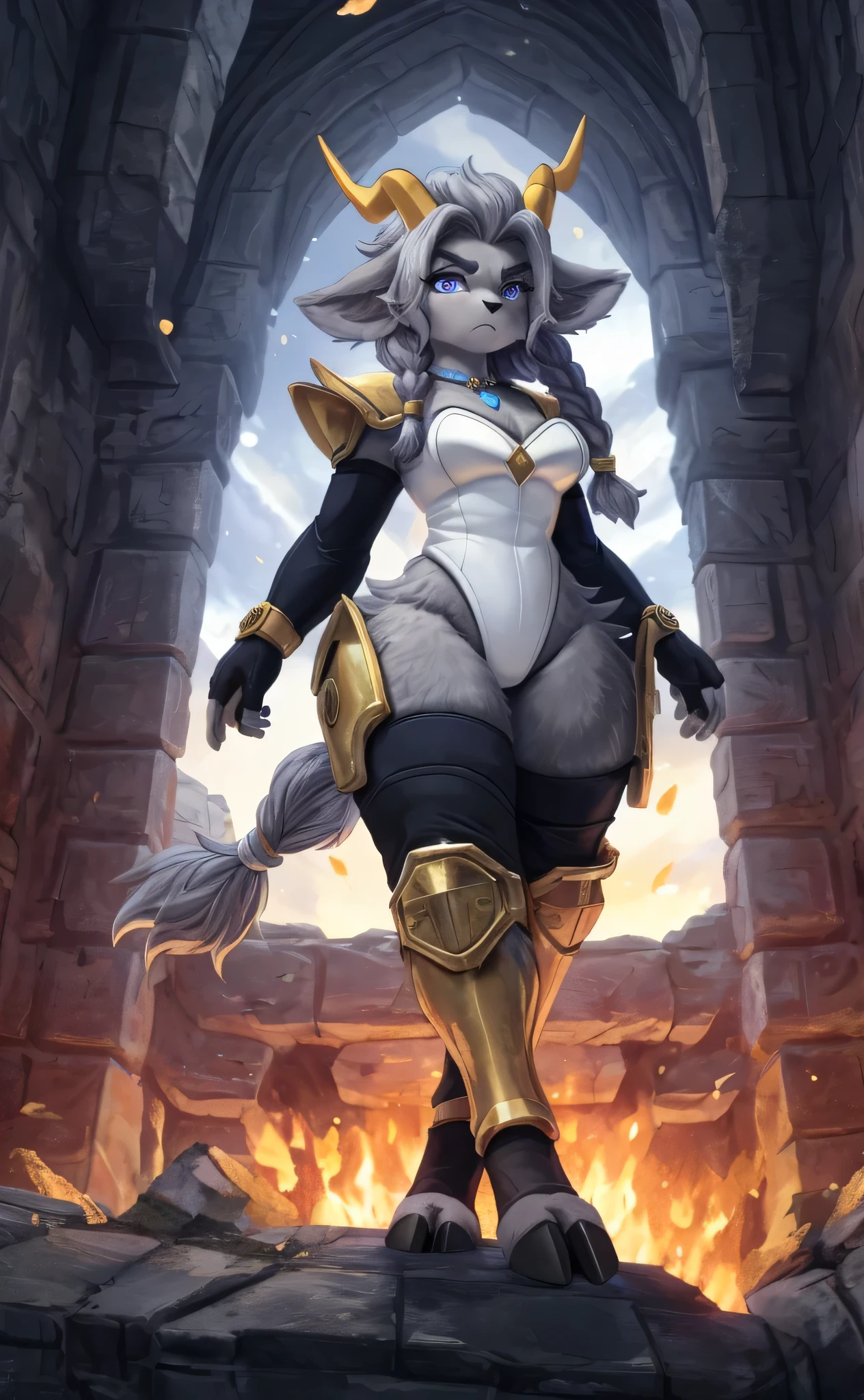 [sybil], [pseudoregalia], ((masterpiece)), ((HD)), ((high res)), ((solo portrait)), ((full body)), ((low angle view)), ((feet visible)), ((detailed fur)), ((detailed shading)), ((cute cartoon aesthetic)), {(anthro goat woman), (athletic figure), (grey body fur), (black nose), (long droopy rabbit ears), (braided hair), (yellow narly horns), (bushy dark grey eyebrows), (cute indigo eyes), (long grey eyelashes), (medium breasts), (curvy hips), (thick thighs), (beautiful legs), (defined feet), (hooved toes), (angry), (tired eyes)}, {(white leotard with gold lining), (black arms sleeves), (black stirrup thighhighs), (black fingerless gloves), (blue necklace), (gold shoulder pads), (gold knee pads), (white headband)}, {(standing), (looking at viewer)}, [ambient lighting, castle ruins, nighttime, moonlight]