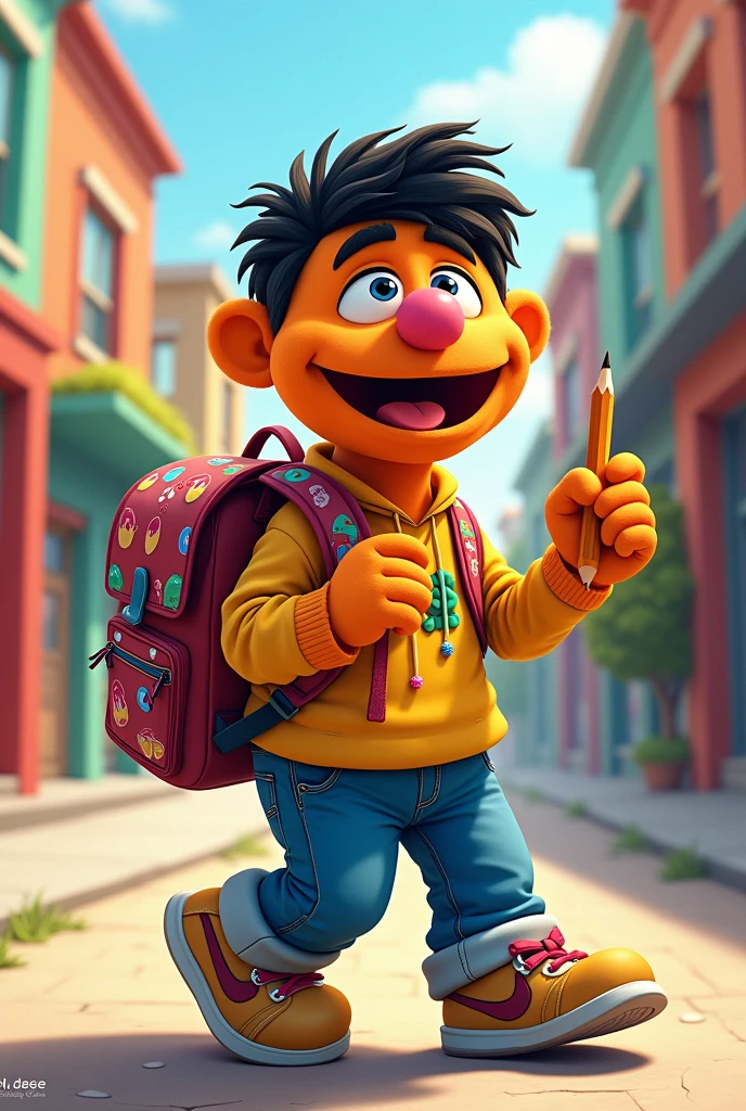 Enrique character from Sesame Street with a backpack and a pencil 