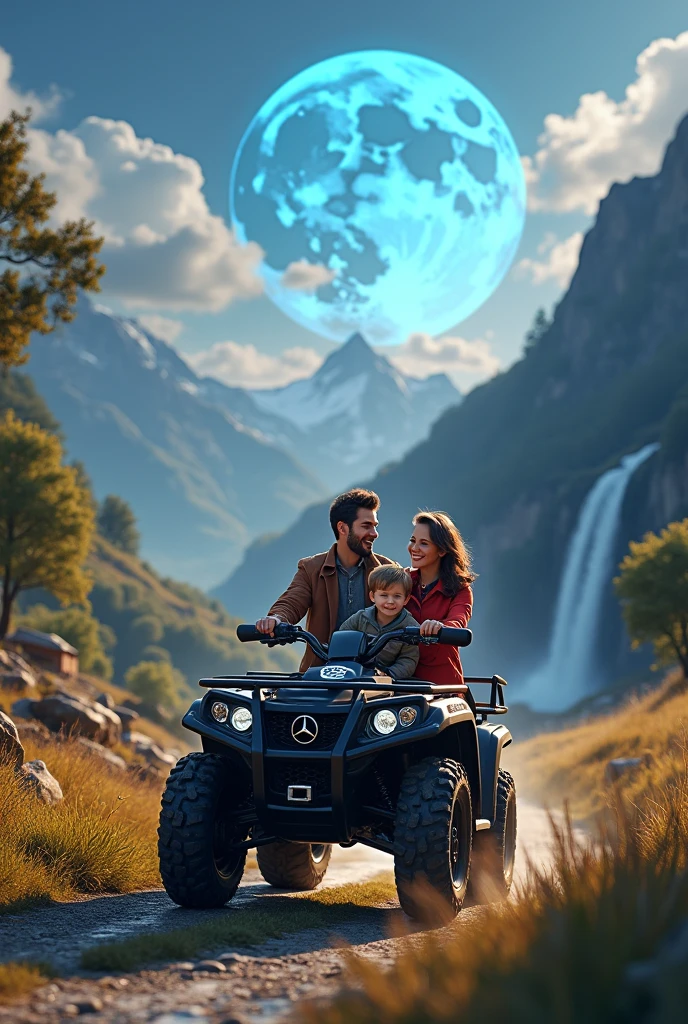 Dad and his two-year-old son sitting on a Mercedes ATV and his wife watching them from afar, all this in a landscape similar to Switzerland with waterfalls and on a road with a super blue moon