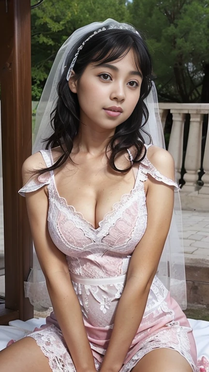 photo, photo realistic, (photorealistic:1.4), best quality, high quality, 4K, RAW, masterpiece, realistic lightning, beautiful face,
1girl, solo, (1), (), gravure idol, (medium ),
black hair, (medium hair:1.2), (wavy hair:1.2),
((light) pink lips:1.3), closed mouth, (smiling:0.8),
(bride:1.2), (((white)) wedding lace dress:1.2), wedding veil,
looking at viewer, (knee to top), (beautiful arms:1.2), (front view),
BRAKE,
(outdoors:1.4),