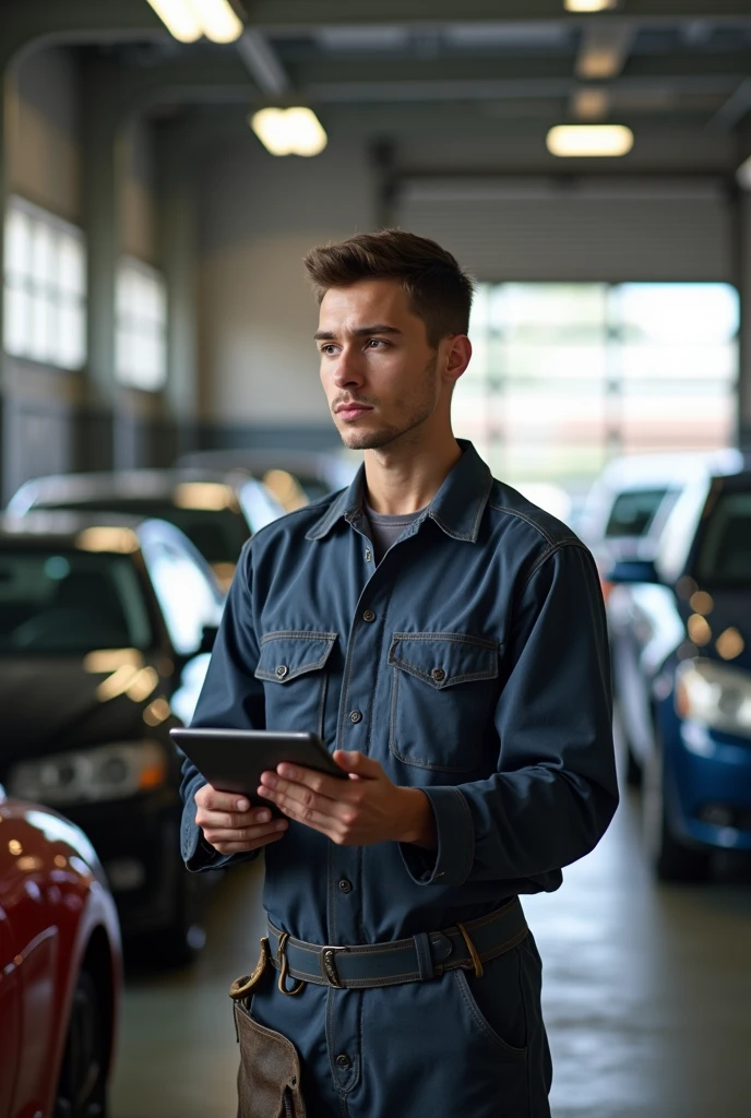 A young car mechanic man waiting at the front, with a tab in hand