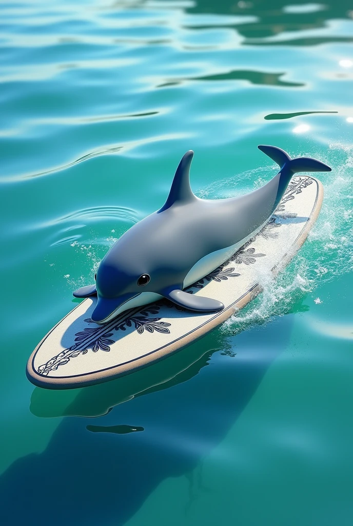 A surfboard with a dolphin on it