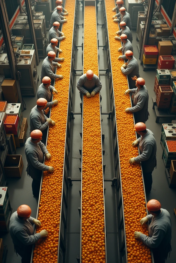 create an image as if you were looking from above , where there are many workers (both men and women) using PPE such as caps that completely cover the hair, these working men don't have beards, they wear apron, mitts, and are working in a fruit processing agroindustry.