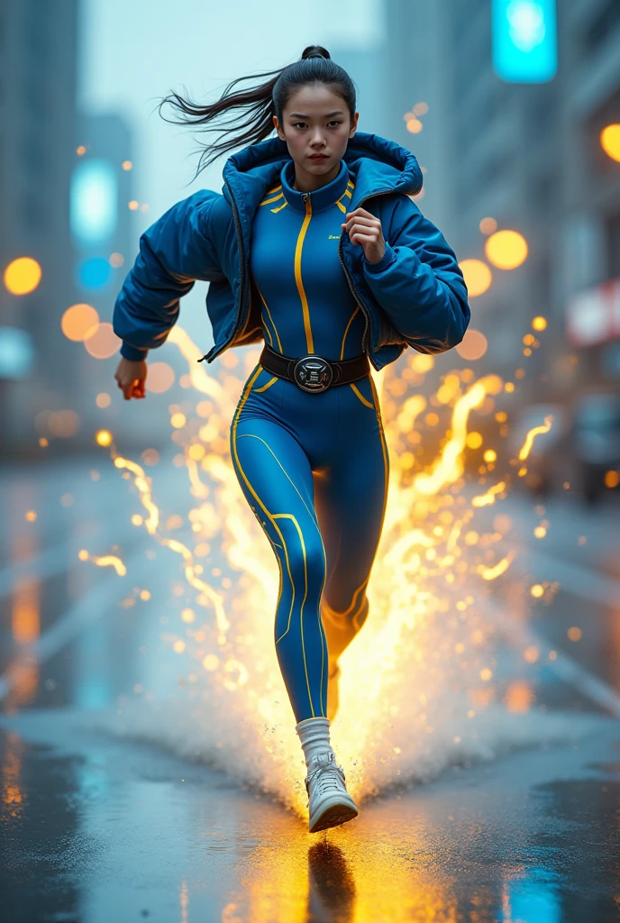 Chinese japan women average age wear jumpsuit high tech(( blue yellow)) ((age 15year old)). high tech belt. ))((Running effect photography. flat chest.))((zoom effect photography)) Glowing yellow power.((wear jacket blue))short girl. Runfast effect.(( turtle neck dress)).. ((Wear blue big round glasses big frame)).running speed of light . latex suit. big tight.((flat chest breast)) running athlete.pontytail hair. Braces teeth.((running racing track )).Bokeh background. Panning effect. Yellow high tech watch. a beautiful young chinese women, , wearing a high-tech blue and yellow very tight jumpsuit.(( wear jacket bomber jacket blue yellow)), venus body type.. unning with style pose , girl want to fall. ,floating water pallet, photorealistic.(( fast train effect))detailed facial features, long hair, elegant pose, dynamic lighting. ((glowing body yellow lightning thundereffect)), 8k, award-winning digital art, intricate details, vibrant colors, cinematic composition. very fasr run, highly detailed.(( star light trail effect photography)). speed of light. froze time effect. at the city.run water . spash water. the girl run fast on wet road. background speed of light((.knee cover shield )) nike shoes sneaker running ..
