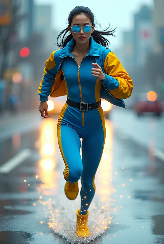 Chinese japan women average age wear jumpsuit high tech(( blue yellow)) ((age 15year old)). high tech belt. ))((Running effect photography. flat chest.))((zoom effect photography)) Glowing yellow power.((wear jacket blue))short girl. Runfast effect.(( turtle neck dress)).. ((Wear blue big round glasses big frame)).running speed of light . latex suit. big tight.((flat chest breast)) running athlete.pontytail hair. Braces teeth.((running racing track )).Bokeh background. Panning effect. Yellow high tech watch. a beautiful young chinese women, , wearing a high-tech blue and yellow very tight jumpsuit.(( wear jacket bomber jacket blue yellow)), venus body type.. unning with style pose , girl want to fall. ,floating water pallet, photorealistic.(( fast train effect))detailed facial features, long hair, elegant pose, dynamic lighting. ((glowing body yellow lightning thundereffect)), 8k, award-winning digital art, intricate details, vibrant colors, cinematic composition. very fasr run, highly detailed.(( star light trail effect photography)). speed of light. froze time effect. at the city.run water . spash water. the girl run fast on wet road. background speed of light((.knee cover shield )) nike shoes sneaker running ..