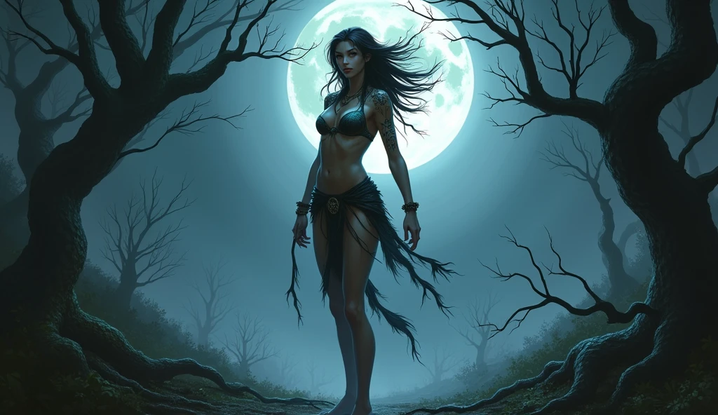 a terrifying warrior rogue fairy woman on a full moon night
