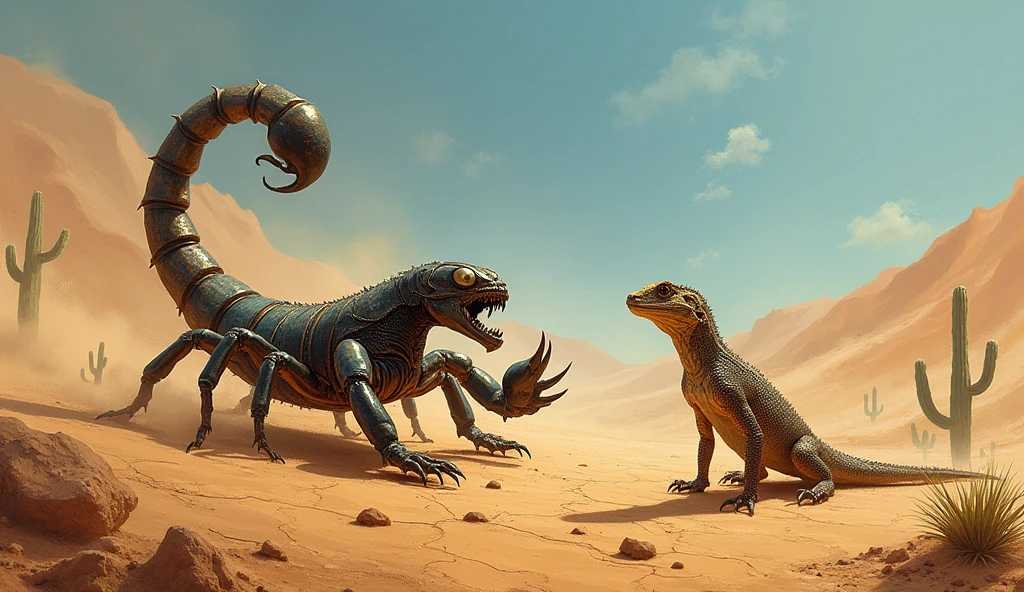A scorpion and a lizard in the desert.