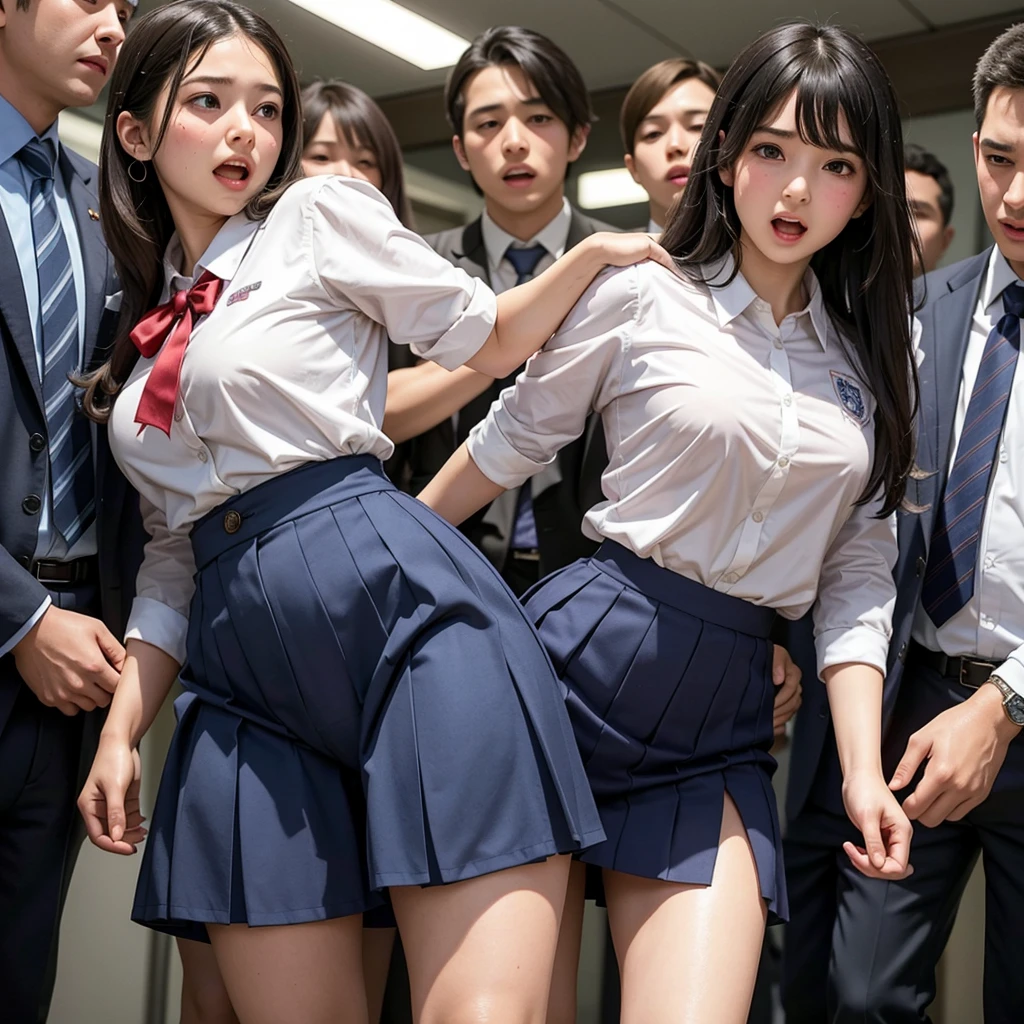 A beautiful innocent girl surrounded by excited high school boys, Cute baby face like an idol, She screams with her mouth open in shame after being molested in public and watched from close range, A high school boy tears off his school uniform, revealing his pure white panties, A high school boy grabs my breasts from behind, A high school boy touches his crotch and white juice drips out, Anatomically correct, Being molested by a group of men, Fleeing, Be surprised to see the viewers, Beautiful long wavy bob hair, blush, Increased sensitivity, Tears overflow from your beautiful eyes, Ultra high definition, Slender body, Japanese, Inner thighs