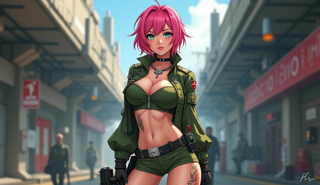 (high resolution, 8k, photorealistic, hyper detailed, masterpiece, exquisite, vivid colors, perfect composition, intricate details,Best Quality, 8K, Masterpiece: 1.2, Photorealistic: 1.37, HDR, UHD),a cute tough girl with pink hair and cute green eyes in an erotic camouflage soldier costume with miniskirt, EXTREMELY HUGE BREASTS, photorealistic, wide neckline, image of a full-body woman. Anime Image, Anime Drawing, Intricate Tattoos, Star Wars, War