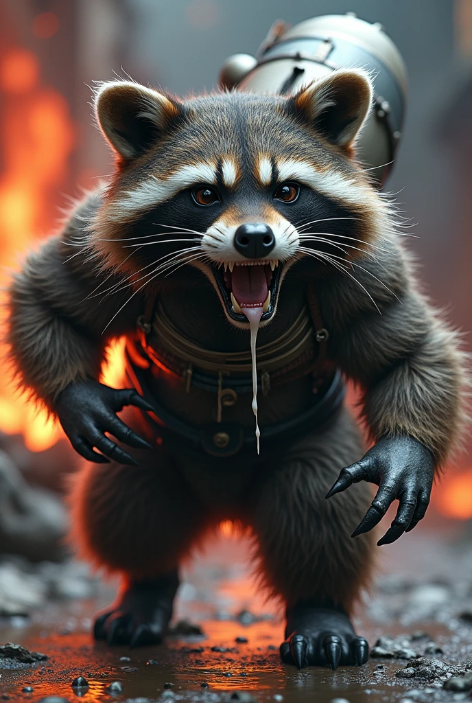 a male raccoon with a rocket on his back, muscular body, detailed facial features, saliva dripping from mouth, covered in white sticky liquid, intricate details, hyper realistic, cinematic lighting, vibrant colors, 8k, masterpiece
